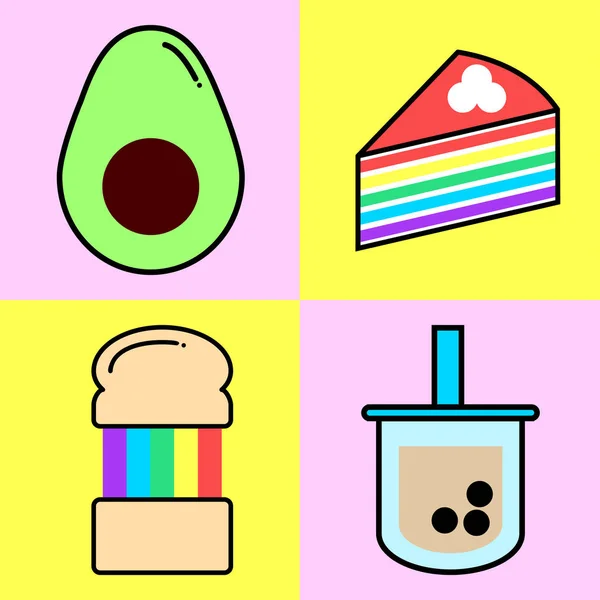 Trendy street food inbegrepen gegrilde regenboog kaas toast en crêpe cake en avocado en bubble melk thee vector — Stockvector