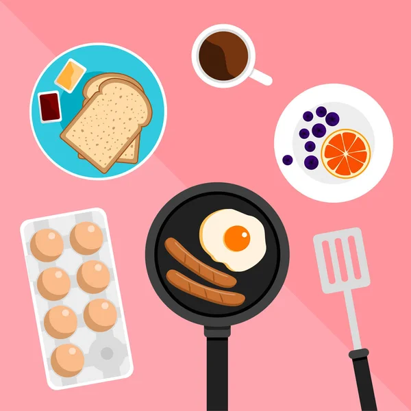 Kahvaltı seti arasında tereyağlı ekmek reçeli, kızarmış yumurta, sosis ve pastel pembe arka planda portakal vardı.