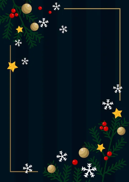 Merry Christmas card frame decorated with pine tree and star shape and ornaments and snowflake