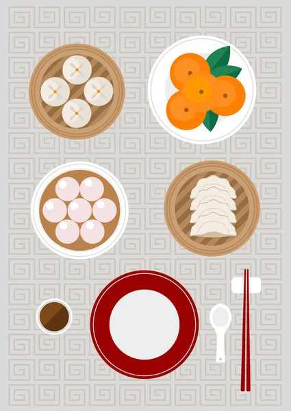 Chinese foods included Siopao Tangyuan Gyoza and fresh oranges 