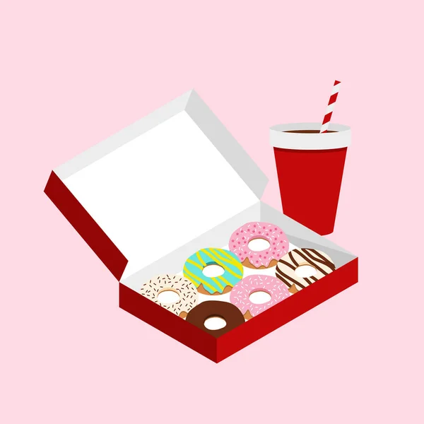 Kırmızı kutuda tatlı çörekler ve kırmızı bardakta kola. — Stok Vektör