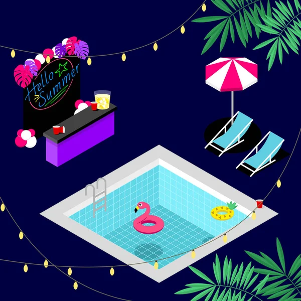 Witam letniej nocy basen party z tropikalnym dekoracji — Wektor stockowy