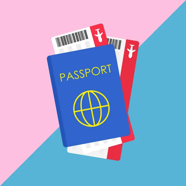 Passaporte e passagens de avião em fundo pastel rosa e azul — Vetor de Stock