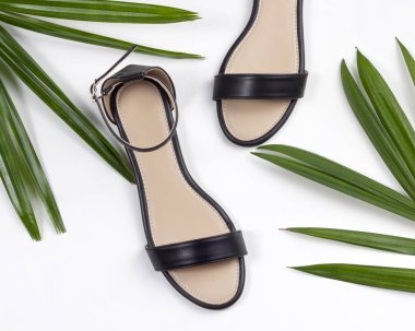 Kadınlar plaj siyah deri sandaletleri beyaz arka planda çerçevelenmiş tropikal yapraklarla