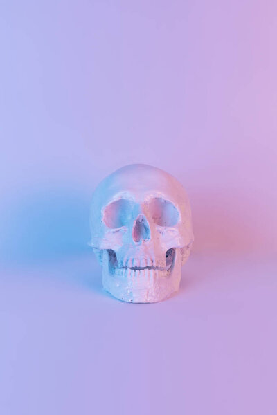 Пастельная неоновая голубая и розовая светлая краска на черепе
