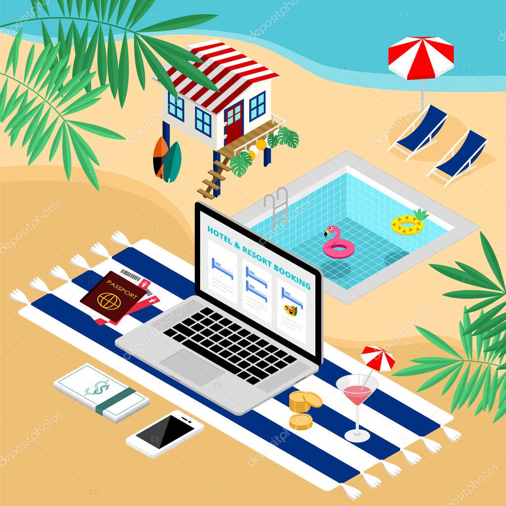 Isometric tropical summer e-commerce online hotel and resort boo