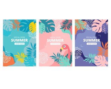 Pastel pembe, mor, tropikal yaz, sahil satışı posterleri.