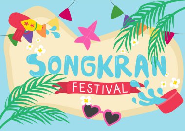 Tropik yaz Songkran festivali posteri, su tabancası uçurtması ve palmiye ağacı sınır vektörüyle süslenmiş güneş gözlüğü.