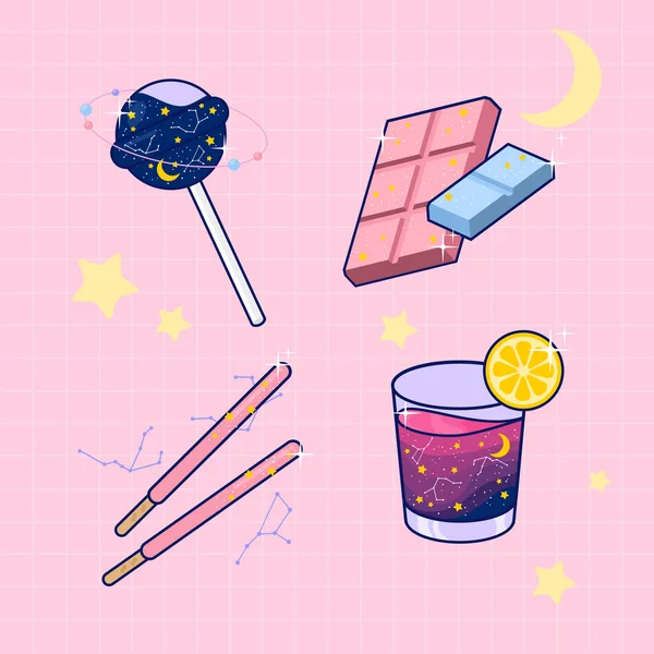 Kawaii düz çizim galaksi lolipop çikolatalı pepero ve kokteyl içeceği pastel pembe arka plan vektörü