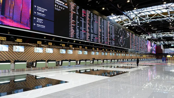 Moskova / Rusya - 16 Mart 2020: Moskova 'daki C Terminali içinde Sheremetyevo Havaalanı (Rusya). Kalkış salonu ve büyük uçuş tahtası