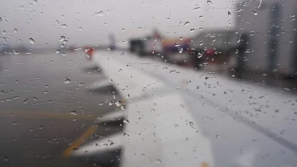 Saint Petersburg Russia March 2020 Drops Rain Flow Plane Window — Stock Photo, Image