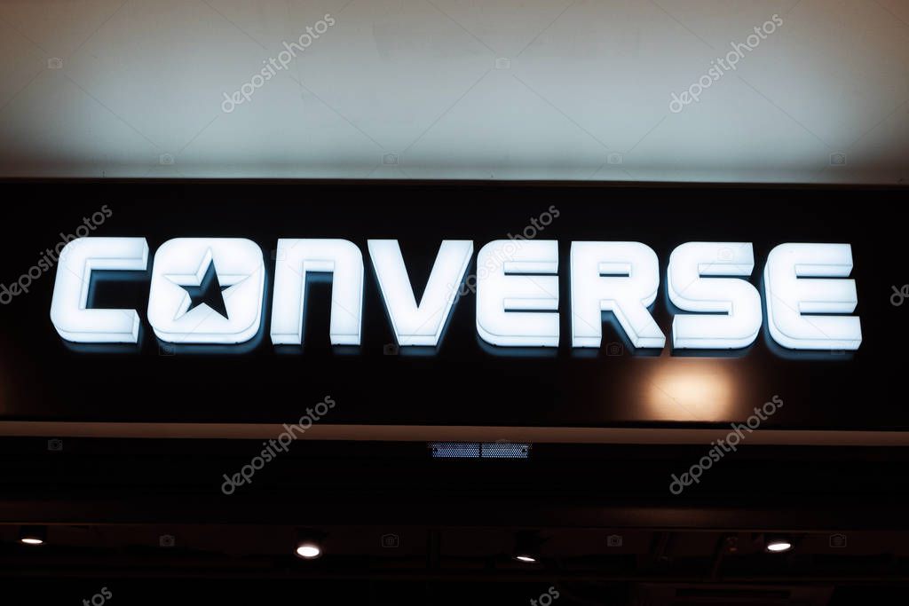 Converse store in Galeria Shopping Mall in Saint Petersburg, Russia. Converse is American shoe company that designs, distributes and licenses sneakers, skating shoes, etc