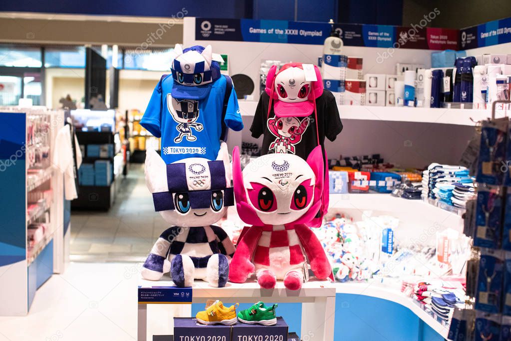Tokyo Olympics 2020 official goods store with a lot of toys of mascots Someity and Miraitowa in Tokyo, Japan