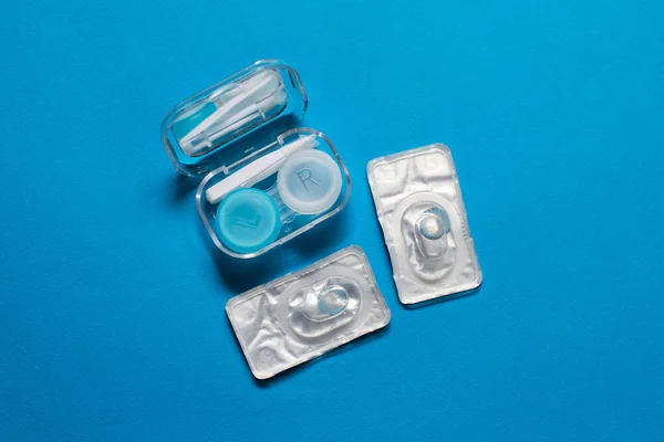 Blue Color Pair Contact Lenses Blisters Blue Contact Lens Case — Stock Photo, Image