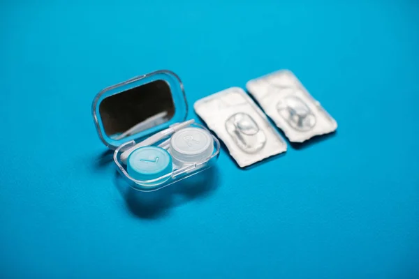 Blue Color Pair Contact Lenses Blisters Blue Contact Lens Case — Stock Photo, Image