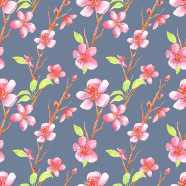 Koyu arkaplanda kiraz çiçekleri ve yaprakları olan güzel, pürüzsüz bir desen. Suluboya elle boyanmış..