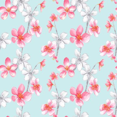 Pembe, siyah ve beyaz kiraz çiçekli kusursuz desen ve mavi arka planda yapraklar. Stok çizimi. Suluboya elle boyanmış..