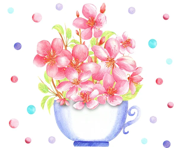 Körsbärsblomma Lila Mugg Färgglada Konfetti Handmålade Blommor Akvarell Stock Illustration — Stockfoto