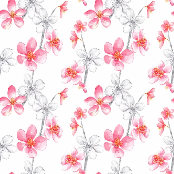 Beautiful seamless pattern with pink, black and white cherry blossom and leaves on a white background. Hand painted in watercolor.