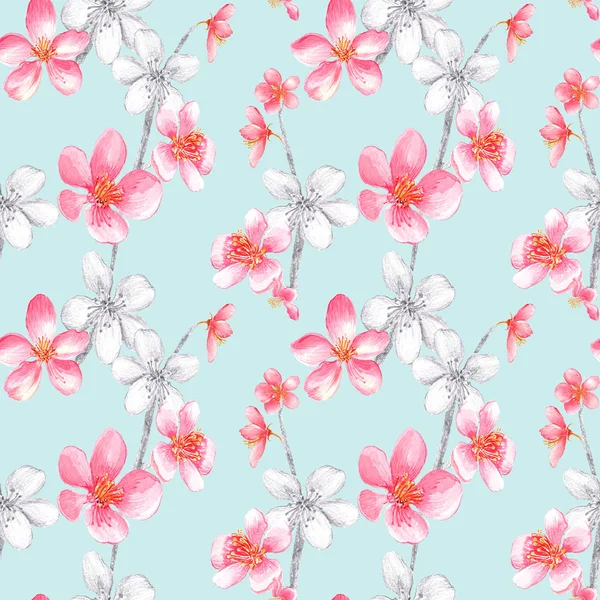 Seamless Pattern Pink Black White Cherry Blossom Leaves Bluebackground Stock — ストック写真