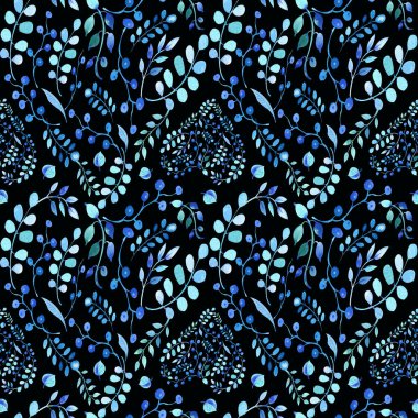 Siyah arka planda mavi, turkuaz yapraklı ve çiçek elementli kusursuz desen. Suluboya elle boyanmış..