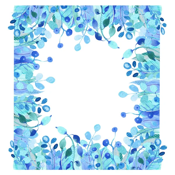 Rámeček Listy Květinové Prvky Modré Zelené Barvě Ručně Malované Akvarelem — Stock fotografie