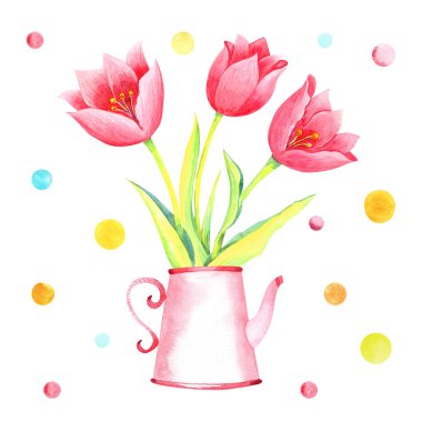 Pembe çay kutusunda pembe laleler, renkli konfetiler. Elle boyanmış suluboya desenler. Beyaz arka planda izole elementler. Paskalya bahar davetiyeleri için mükemmel..
