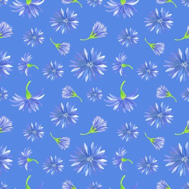 Mavi arka planda mavi çiçekli kusursuz desen. Elle boyanmış suluboya resim. Paskalya davetiyeleri ve dekorasyon için mükemmel. .