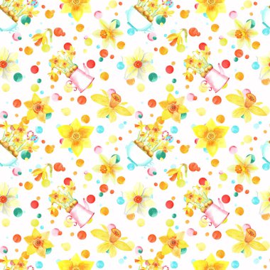 Sarı narsisli kusursuz desenli, renkli paskalya yumurtaları, konfeti. Beyaz arka planda elle boyanmış suluboya resimler. Paskalya davetiyeleri ve dekorasyon için mükemmel..