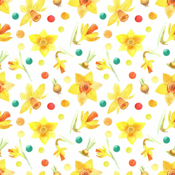 Seamless Pattern Yellow Narcissus Colorful Confetti Hand Painted Floral Watercolor — Stock Photo, Image