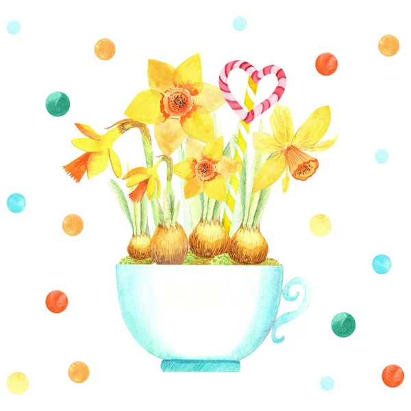 青いティーマグカップ カラフルなコンフェッティ 心の中で黄色のナルシス 手描きの花水彩ストックイラスト 白い背景に孤立した要素 イースター春の招待状に最適 — ストック写真