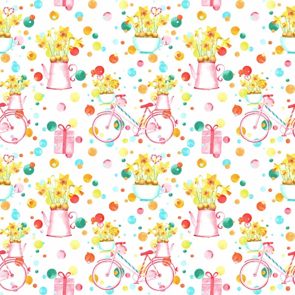黄色のナルシス ティーマグカップ コーヒーポット ピンクの自転車 カラフルなコンフェッティとシームレスなパターン 手描きの花水彩ストックイラスト イースターの招待状や装飾に最適です — ストック写真