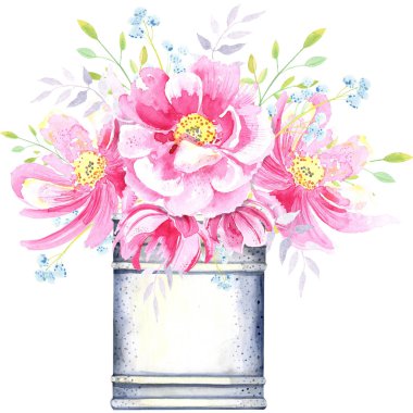 Antika parfüm şişesi, pembe yabani güller, yapraklar, çiçek elementleri. Beyaz arkaplanda izole bir element. Suluboya ile boyanmış bir el. .