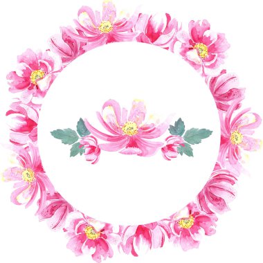 Çerçevesinde düğün çiçekleri, pembe yabani güller, şakayıklar, yapraklar, çiçek parçaları var. Suluboya elle boyanmış. .