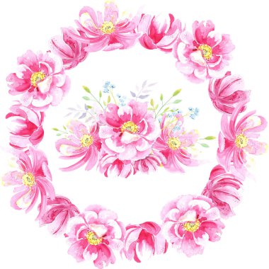 Çerçevesinde düğün çiçekleri, pembe yabani güller, şakayıklar, yapraklar, çiçek parçaları var. Suluboya elle boyanmış. .