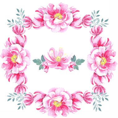 Çerçevesinde düğün çiçekleri, pembe yabani güller, şakayıklar, yapraklar, çiçek parçaları var. Suluboya elle boyanmış. .