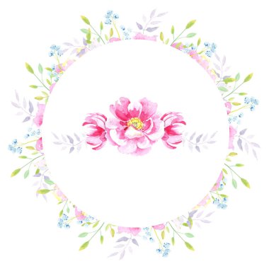 Çerçevesinde düğün çiçekleri, pembe yabani güller, şakayıklar, yapraklar, çiçek parçaları var. Suluboya elle boyanmış. .