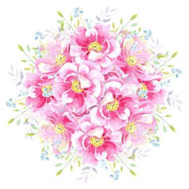 Çerçevesinde düğün çiçekleri, pembe yabani güller, şakayıklar, yapraklar, çiçek parçaları var. Suluboya elle boyanmış. .