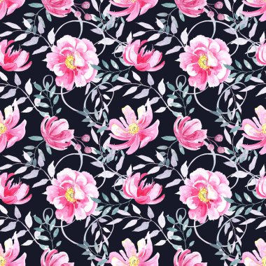 Kusursuz desenli yaban pembe gülleri, zarif pastel çiçekli elementler siyah arka planda elle suluboya ile boyanmış..