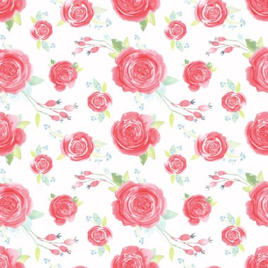 Kırmızı güller, kusursuz romantik desenler. Çiçekli suluboya elle boyanmış. İzole edilmiş elementson beyaz bir arka plan. Doğum günü, sevgililer günü ve düğün davetiyeleri için mükemmel..