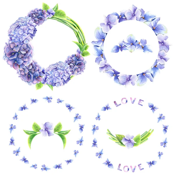 Hortensienrahmen Und Blaue Hortensienblüten Isolierte Elemente Von Hand Aquarell Gemalt — Stockfoto