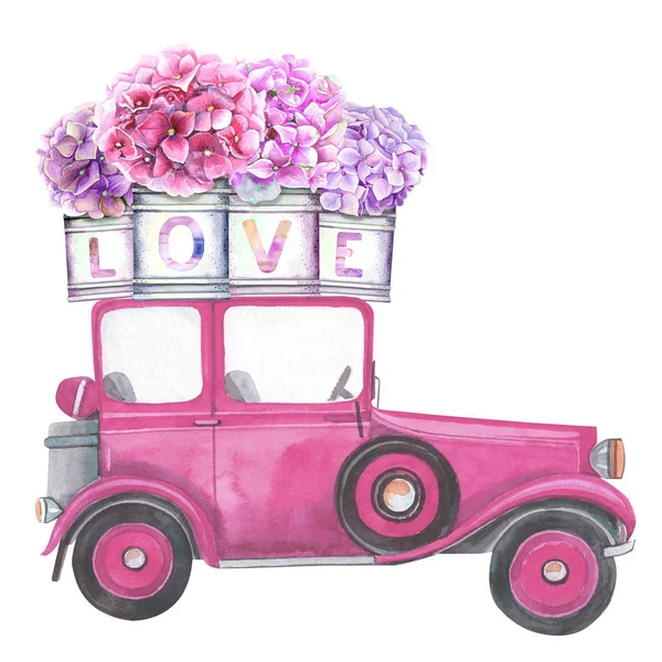 Ilustración Con Coche Oldtimer Flores Hortensias Color Rosa Azul Lila — Foto de Stock