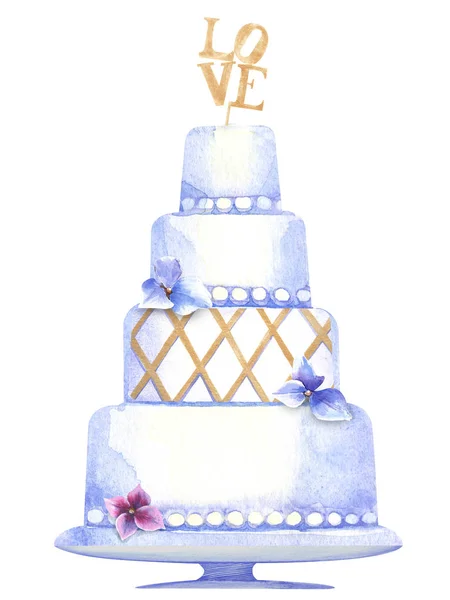 Wedding Cake Hydrangeas White Background Isolated Element Hand Painted Watercolor — Stock Photo, Image