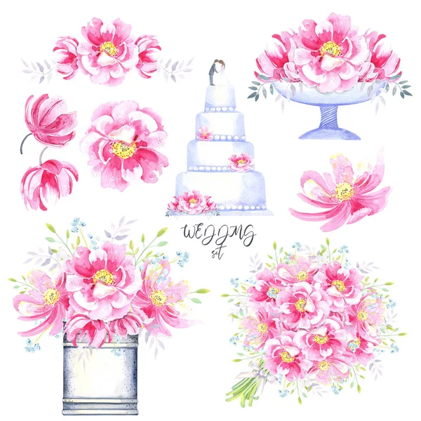 Clip art set with wedding floral compositions , pink wild  roses, peony, leaves, floral elements.  Hand painted in watercolor .