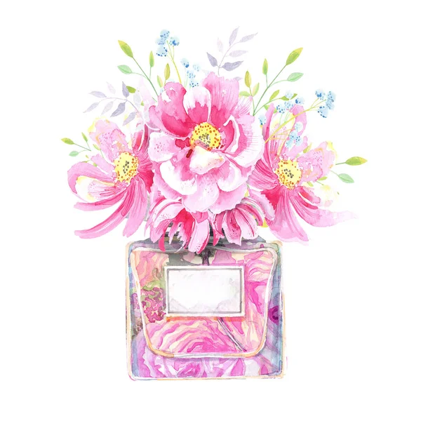 Vintage Butelka Perfum Różowe Dzikie Róże Liście Elementy Kwiatowe Element — Zdjęcie stockowe