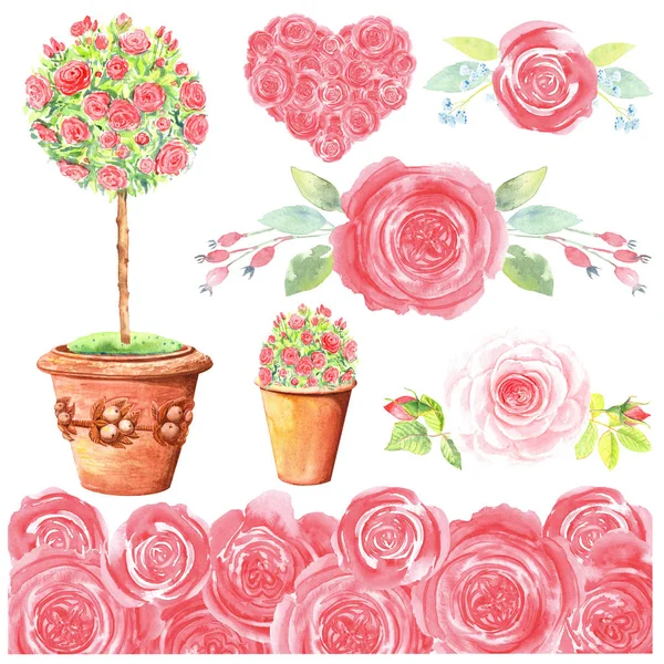 Rosor Romantisk Söt Klipp Konst Set Handmålade Blommor Akvarell Stock — Stockfoto