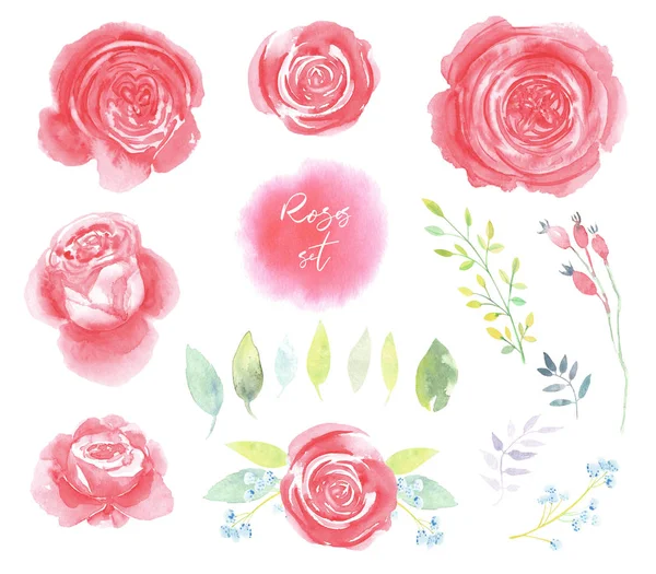 Röda Rosor Romantiska Söta Klipp Konst Set Handmålade Blommor Akvarell — Stockfoto