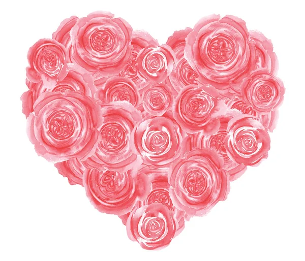 玫瑰的浪漫之心 手绘花卉水彩画插图 白色背景上的分离元素 完美的生日 情人节 结婚请柬 — 图库照片