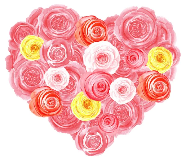 玫瑰的浪漫之心 手绘花卉水彩画插图 白色背景上的分离元素 完美的生日 情人节 结婚请柬 — 图库照片
