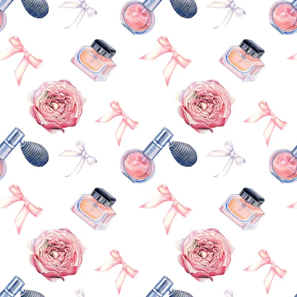 Seamless Pattern Perfume Bottle Roses White Background Hand Painted Watercolor — ストック写真